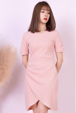 Fine Round Neck Pit Striped Wrap Ruched Asymmetrical Dress (Pink)